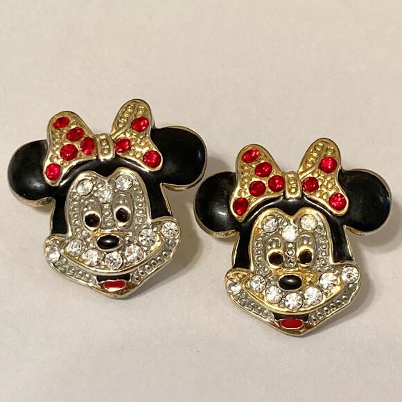 Vintage Disney Minnie Mouse Earrings Post Crystal Rhinestone Enamel Taiwan - Picture 4 of 10